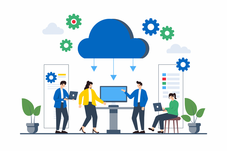 Flat illustration of team members collaborating on cloud-based version control for continuous deployment