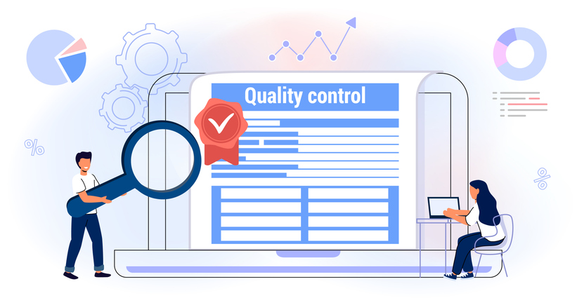 Quality control and product satisfaction research check Controlling business iso standard certificate accept Validation documents Inspection errors or mistakes Vector illustration concept Flat style